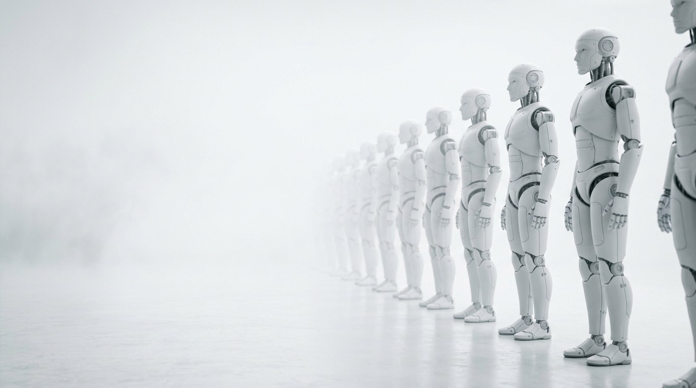 Illustrative render of a fleet of physical AI machines in fog