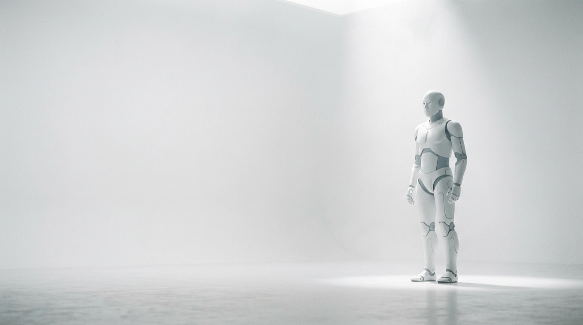Illustrative render of a physical AI robot encountering a situation outside its training distribution